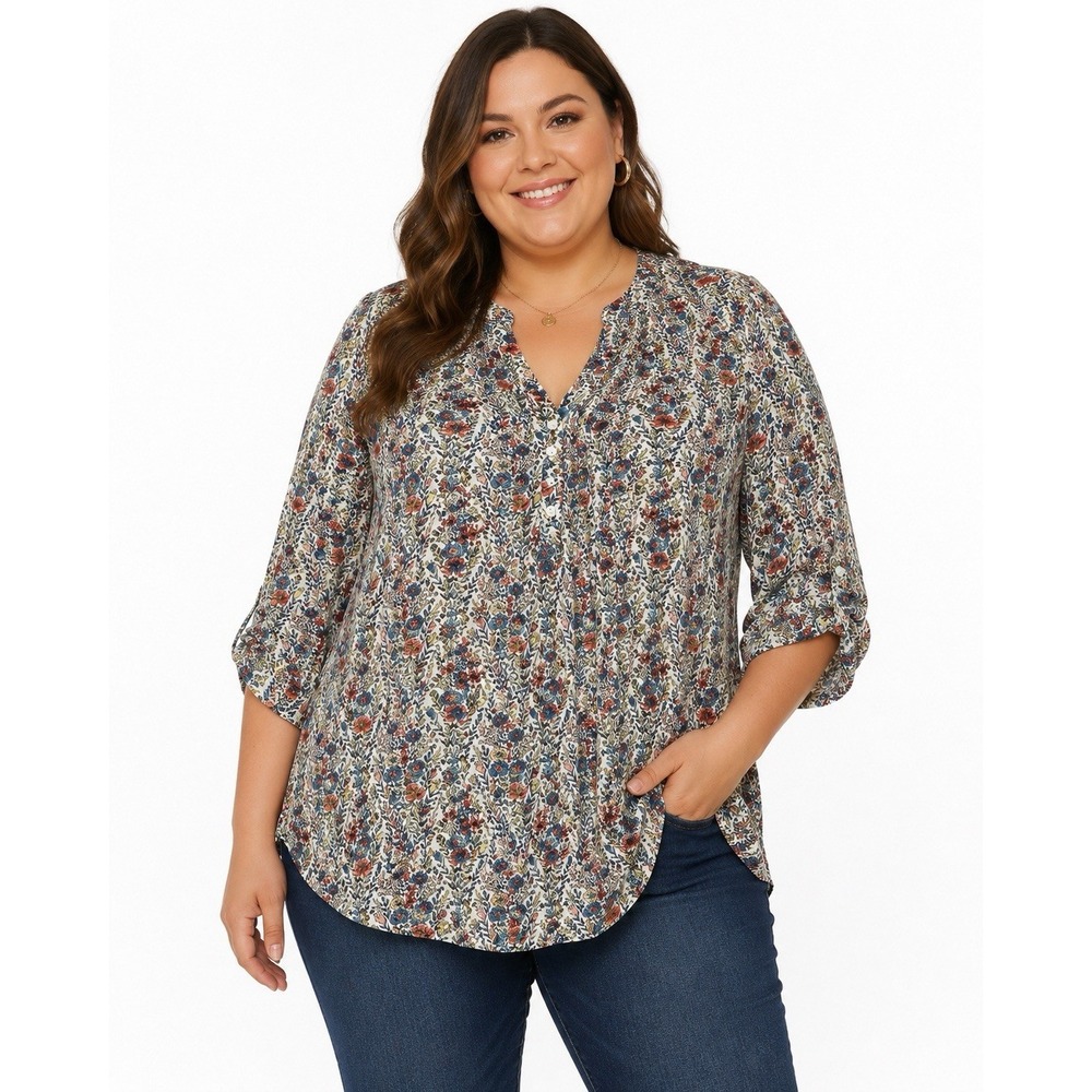 Rose + Olive Women's 1X Floral Peasant Blouse 3/4 Sleeve Boho Chic Tunic